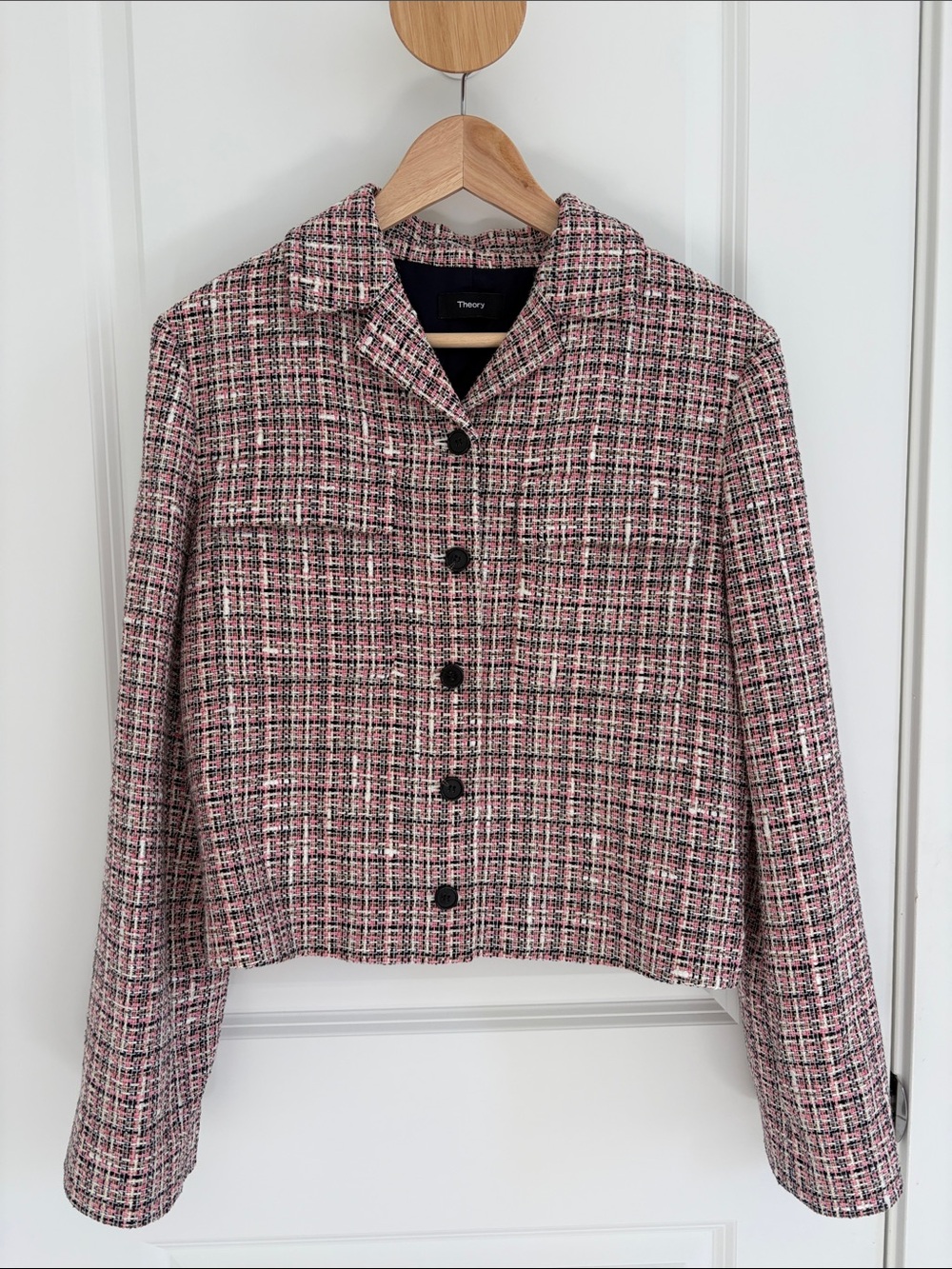 New Theory Pink Tweed Boxy Cropped Blazer